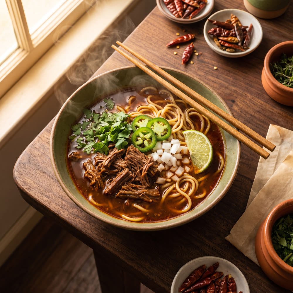 Birria ramen — noodles in rich consomé with tender beef