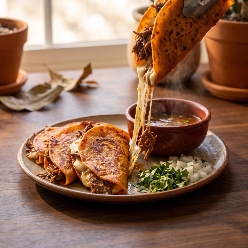 Birria tacos with a side of consomé for dipping
