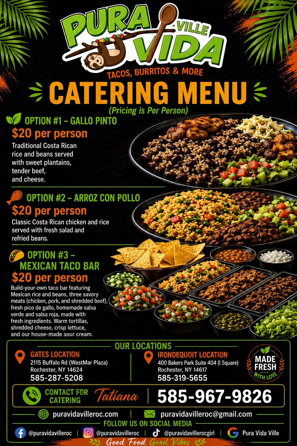 Pura Vida Ville catering menu — gallo pinto, arroz con pollo and Mexican taco bar packages with pricing
