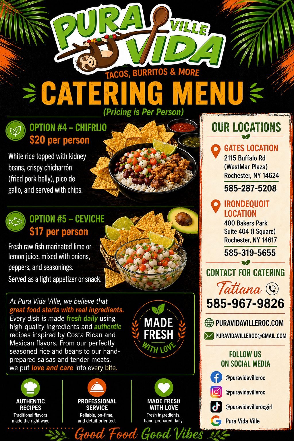 Pura Vida Ville catering menu — chifrijo and ceviche packages, locations and catering contact