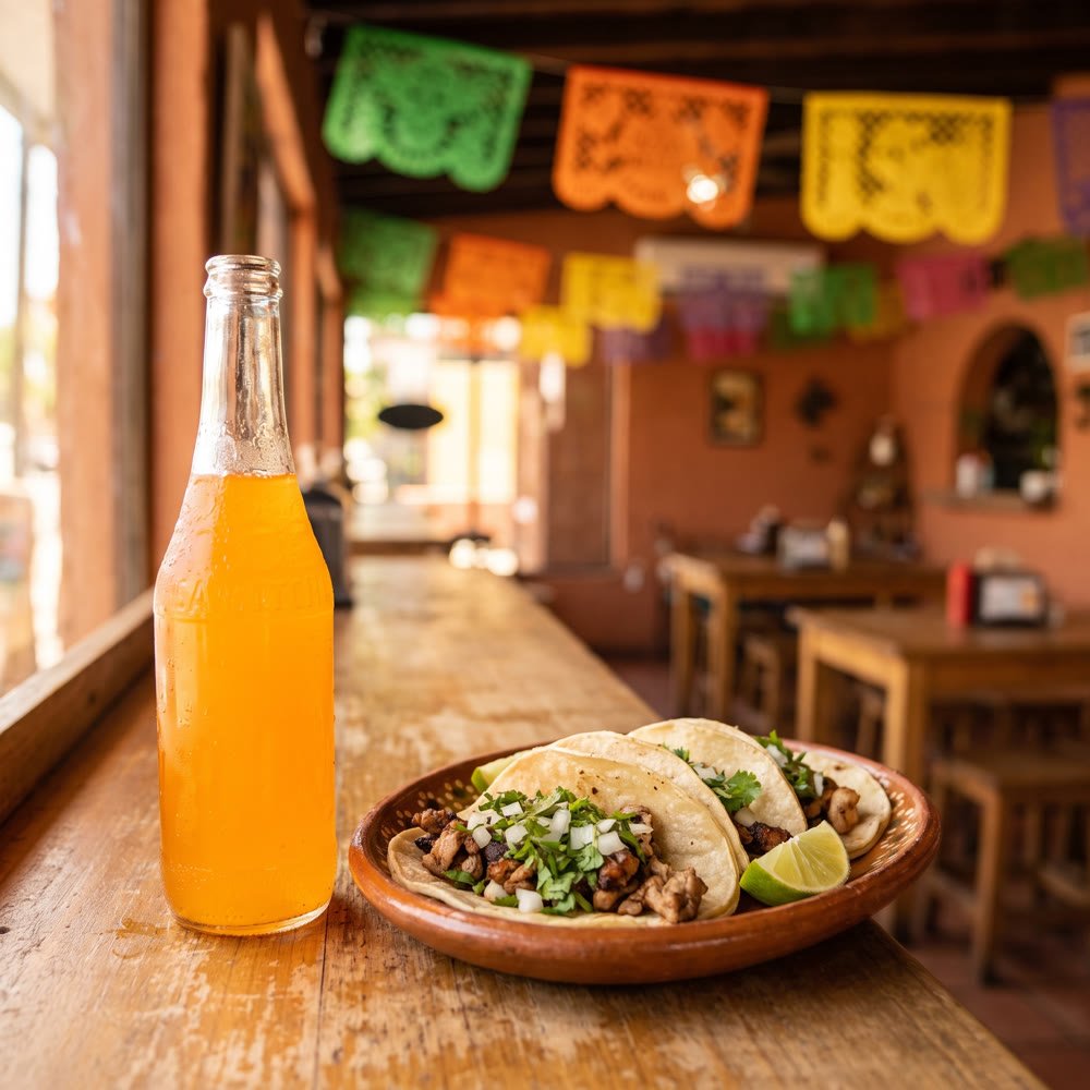 A Jarritos soda and fresh food on the counter