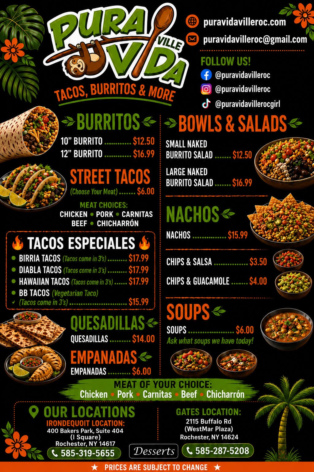 Pura Vida Ville food menu — burritos, tacos, quesadillas, bowls, sides and soups with prices