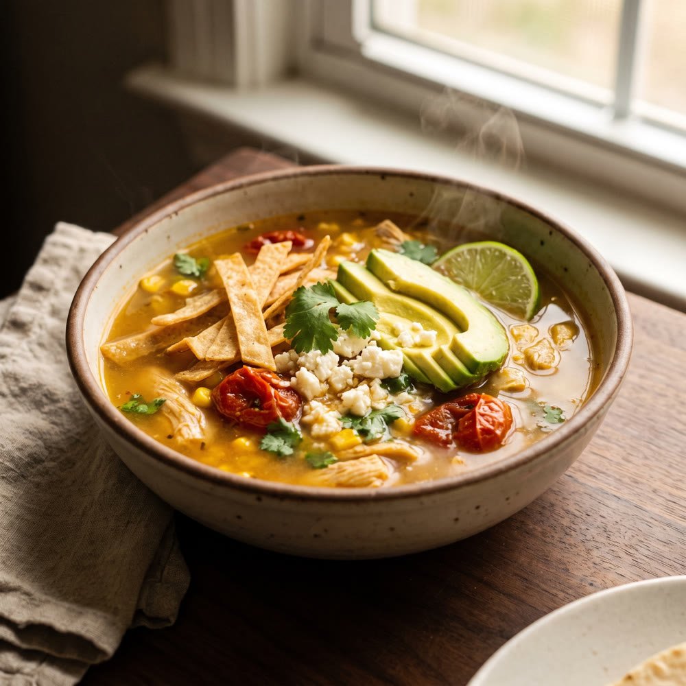 Homemade soup of the day with tortilla chips and avocado