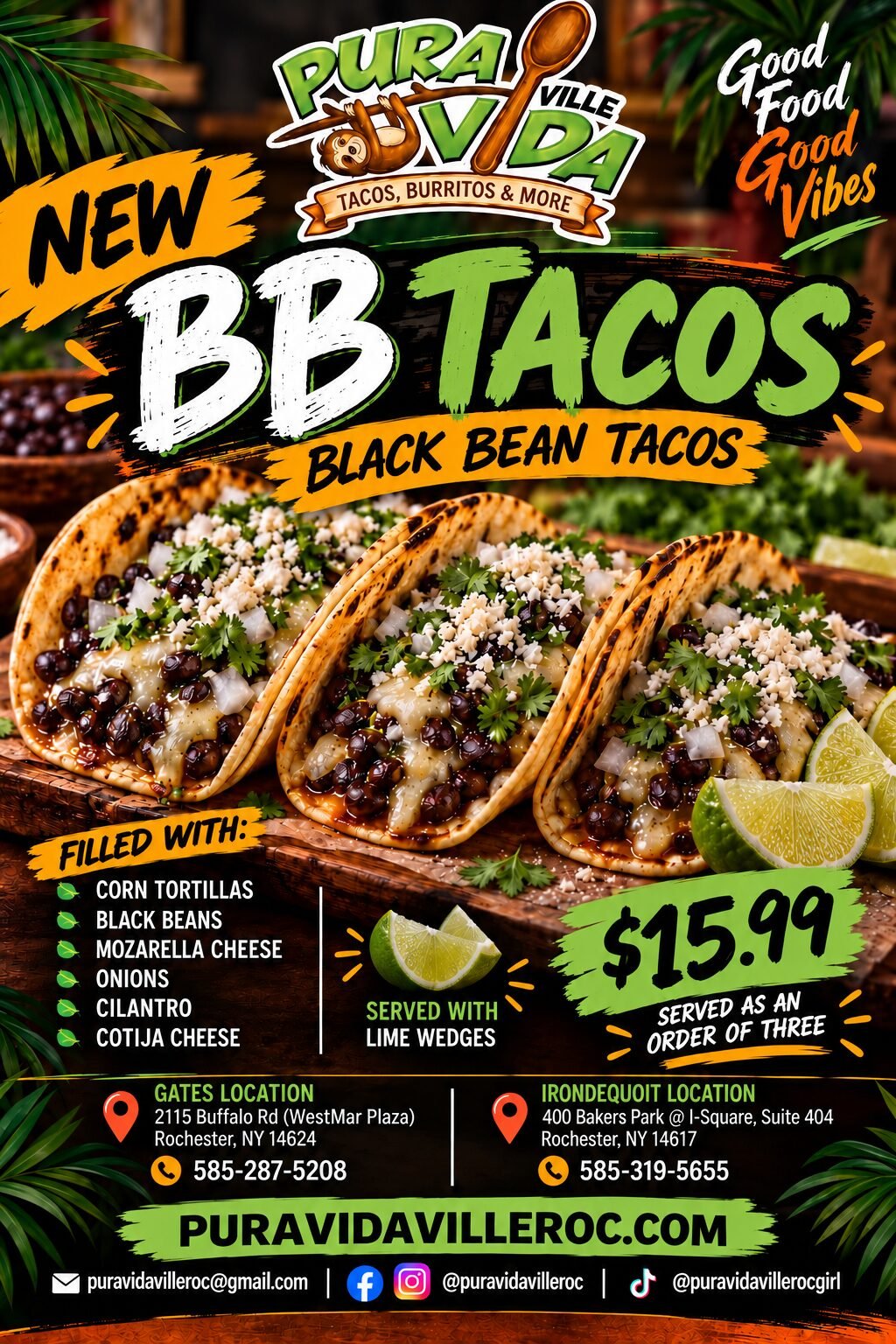 BB Tacos flyer: black bean tacos on corn tortillas, $15.99 for an order of three